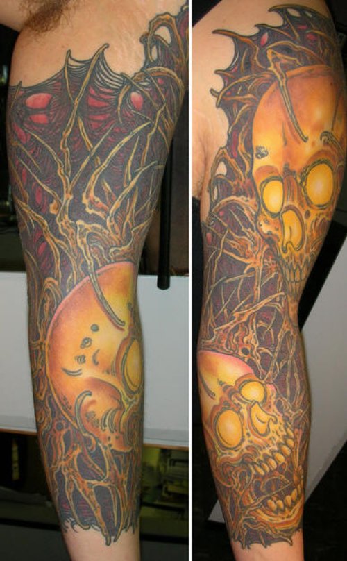 Skull And Palm Tree Tattoo On Sleeve